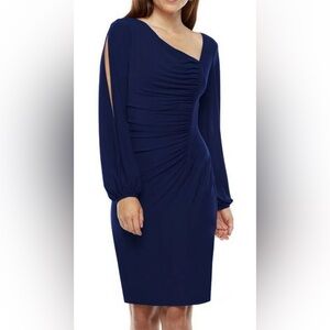 Chaps Navy Ruched Long split Sleeve Dress Stretch Midi Small